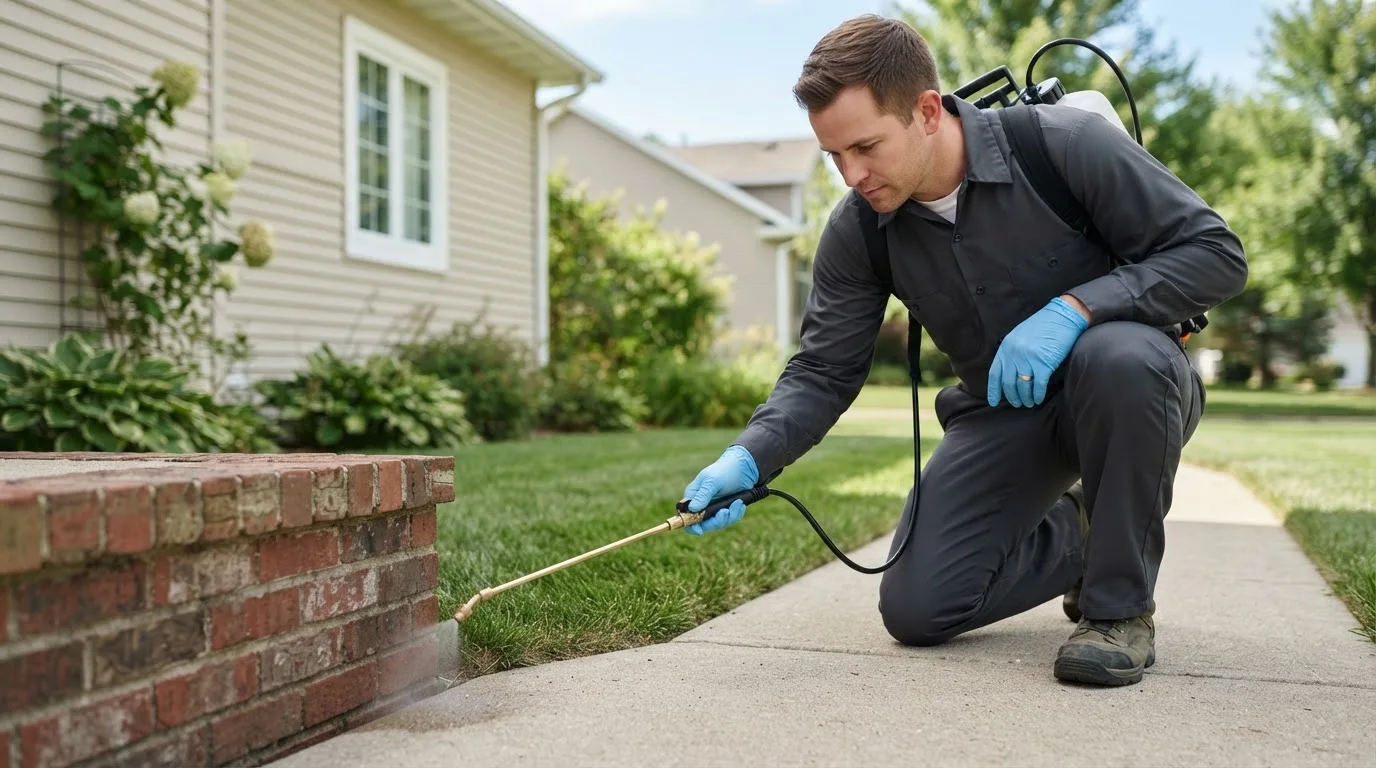 Pest control technician treating a home near Mount Pleasant, MI